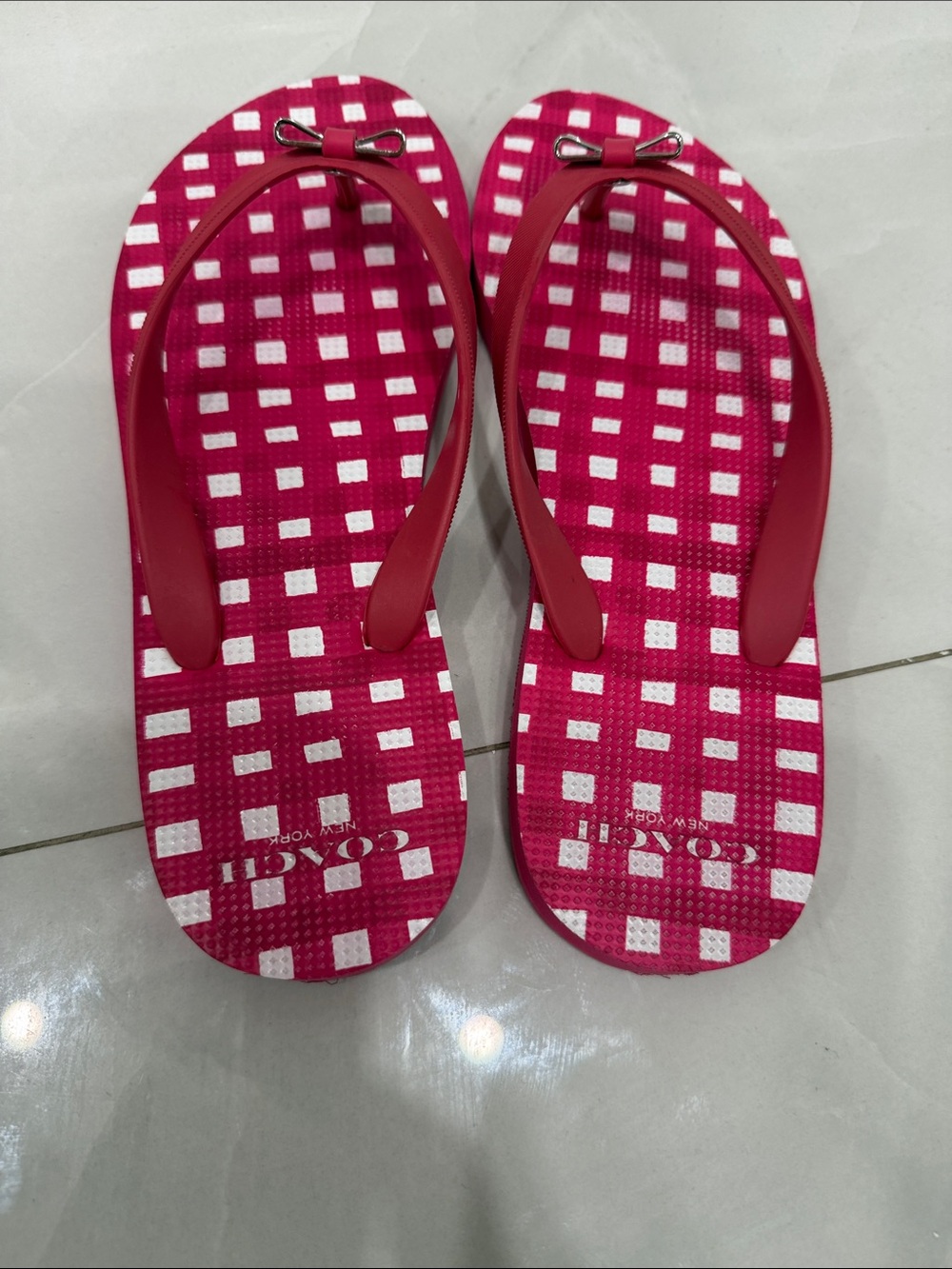 Coach Pink and White Gingham Flip Flop Sandals